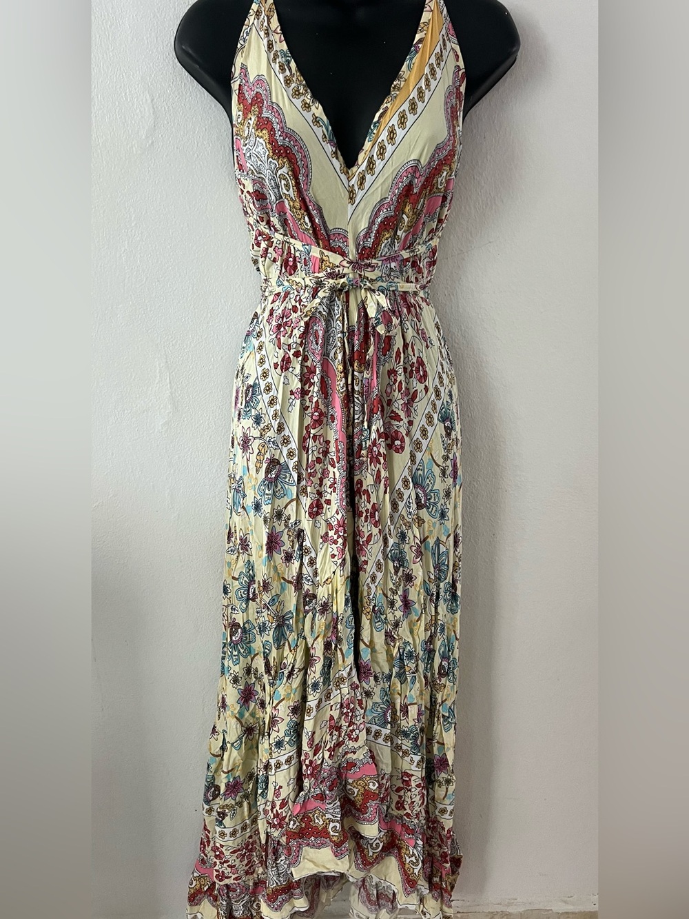 Bohemian Floral Halter Maxi Dress - Cream & Pink
